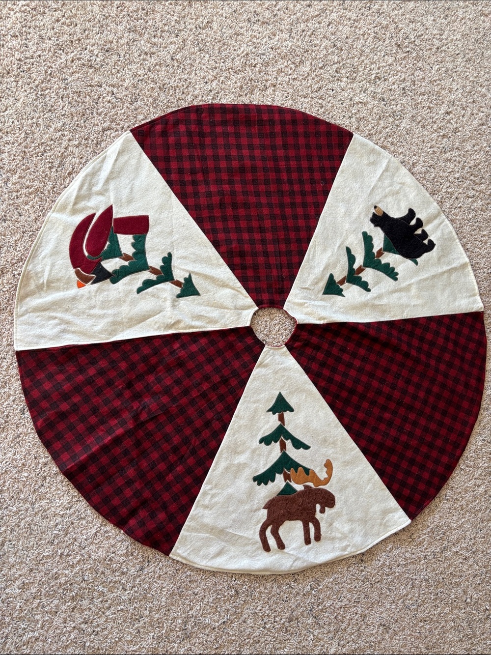 Holiday Buffalo Check Tree Skirt with Moose, Cardinal & Bear